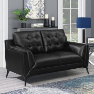 Bring the sophisticated look of this superb loveseat to a modern space created for comfort. Breathable black finish leatherette covers a fully encased wood frame as it adds to ambiance with plush tailored features including grid tufting and modern double-track angled arms. With charming tapered black finish metal legs