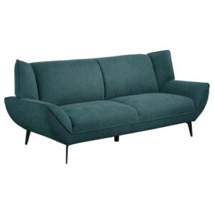 Bring the best of Mid-Century Modern style to your casual space with this sofa set that inspires. This comfy and stylish teal blue set is a great choice for outfitting a living room or family room. Super gorgeous fabric upholstery opens up possibilities for a lush room palette choice. Flared arms and wing backs attach to non-removable seat and back cushions. Tapered black metal legs coordinate with the beautiful teal blue upholstery.