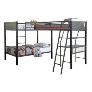 Quickly perk up a youth bedroom with this streamlined twin over twin bunk bed with a loft add-on. Coming in a two-tone black and gunmetal finish