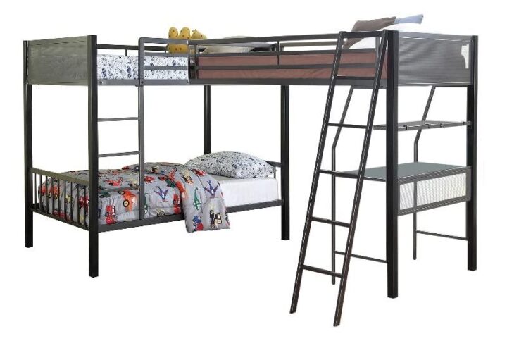 Quickly perk up a youth bedroom with this streamlined twin over twin bunk bed with a loft add-on. Coming in a two-tone black and gunmetal finish