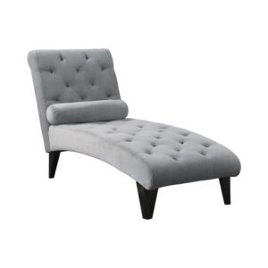 this luxurious grey chaise emits class and comfort. Upholstered in a soft velour microfiber fabric