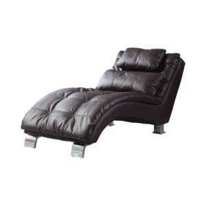 this chaise adds a stylish twist to a living room or study. Recline and relax on a contoured body padded with comfy pillow-top seating. Enjoy the bold look of brown leatherette upholstery