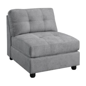 this armless chair delivers exceptional comfort. Contemporary beauty becomes a focal point with a minimalist design accented with light tufting. Dove grey upholstery looks sleek and stylish. Thick padded microfiber seating creates a relaxing