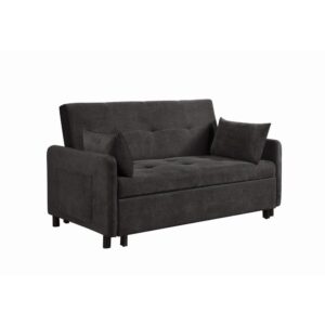 it's crafted for comfort and quality. Its charcoal twill fabric upholstery is soft