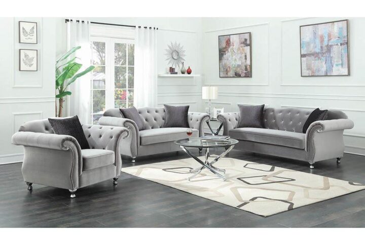 Dress up a stylish space with the glamorous details from this three-piece living room set. The sofa