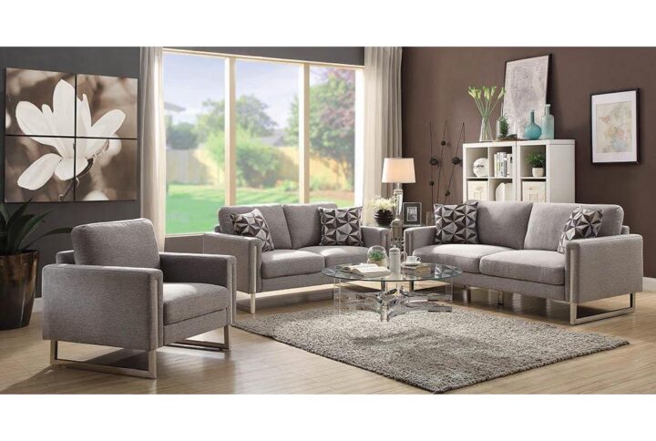 Streamline a modern space with the metallic radiance from this two-piece living room set. Bright chrome dresses up the open metal legs from the included sofa and loveseat. Full of clean lines