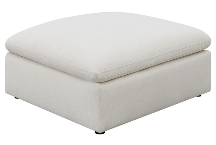 Prop your feet up on the cushioned comfort of this cozy ottoman for the den or living room. Upholstered in linen-like
