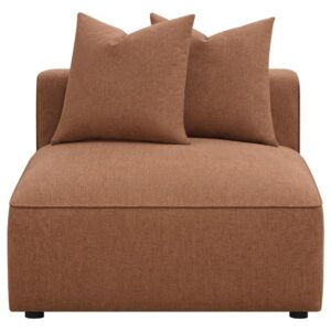 upholstered in a soft terracotta trillium polyester blend fabric across its tailored tight back