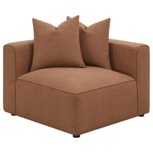 upholstered in a soft terracotta trillium polyester blend fabric that offers a warm earthy hue. Designed with a tailored tight back and thick cushion with edges lined in a self-welt trim