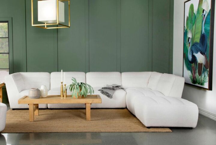 Create a retro-inspired living room with this contemporary six-piece sectional