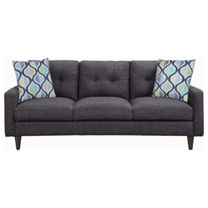 this sofa is structured and elegant. Upholstered in grey fabric