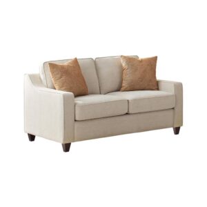 this transitional loveseat lends itself to farmhouse living rooms and contemporary spaces alike. sophisticated overall