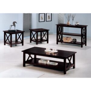 this three-piece set of occasional tables is an excellent choice for a transitional space. Stylish linear silhouettes feature an x-style frame on the end of each table. Finished in a deep merlot