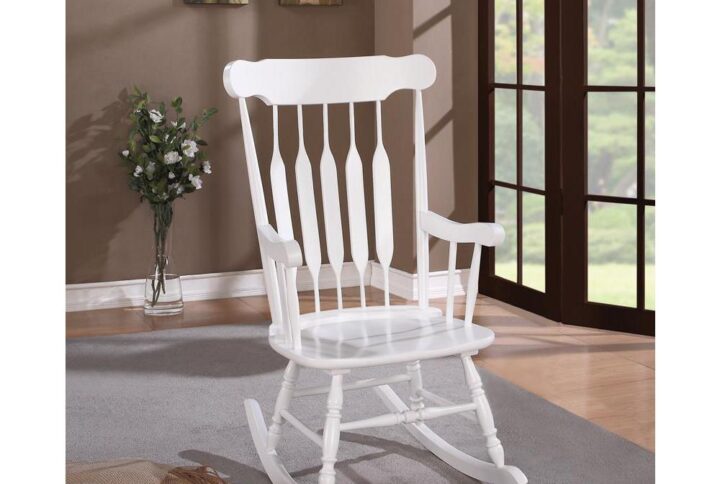 Traditional design elements blend to offer a charming relic from eras past. This rocking chair delivers a sweet nostalgic flavor for a transitional space. With an arrow back design and gentle curves