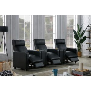 upholstered in leatherette. Slim track armrests give the chairs stylish appeal along with tufted backrests. Consider the optional consoles to go between each seat and serve as a cup holder. Choose this home theater recliner set to elevate your next home theater adventure.