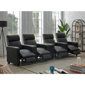 upholstered in leatherette. Slim track armrests give the chairs stylish appeal along with tufted backrests. Consider the optional consoles to go between each seat and serve as a cup holder. Choose this home theater recliner set to elevate your next home theater adventure.