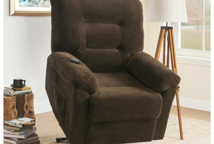 A tailored silhouette stands out and delivers an impressive look for a transitional space. This power lift recliner reflects a blend of smart engineering and elegant personal style. Upholstered in chocolate textured chenille