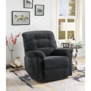this power lift recliner shows off a host of features and offers a superb venue for relaxation. Charcoal textured chenille upholstery adds an upscale elegance and a palette that blends nicely. Smooth reclining at a fingertip touch ensures effortless comfort. This tasteful recliner is a perfect fit for an entertaining space.