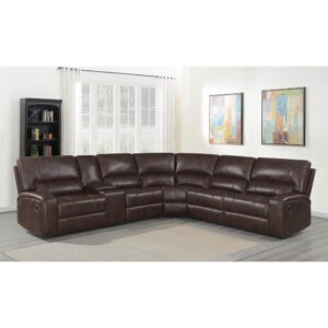 A brown motion sectional will make watching movies your new favorite past time. Upholstered in performance-grade leatherette