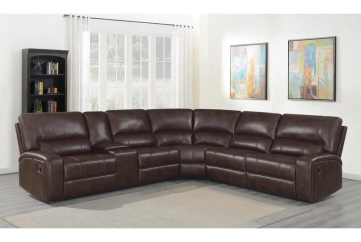 A brown motion sectional will make watching movies your new favorite past time. Upholstered in performance-grade leatherette