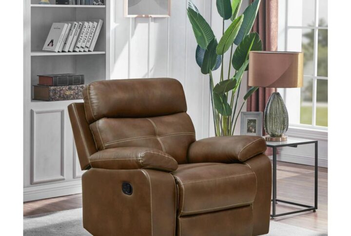 Slightly tufted details along the back cushion of this classic motion recliner elevates living and entertainment rooms. Warm up a room with the sleekness of the padded breathable leatherette fabric and the soft milk chocolate hue. Add a modern feel to the traditional silhouette with contrasting stitched details. Sink into the padded head and arm rests on this lovely tri-tone motion piece. Rounded details and clean lines blend into the most sophisticated of spaces.