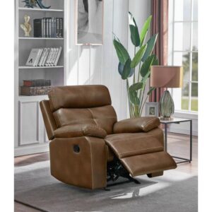 Slightly tufted details along the back cushion of this classic motion recliner elevates living and entertainment rooms. Warm up a room with the sleekness of the padded breathable leatherette fabric and the soft milk chocolate hue. Add a modern feel to the traditional silhouette with contrasting stitched details. Sink into the padded head and arm rests on this lovely tri-tone motion piece. Rounded details and clean lines blend into the most sophisticated of spaces.