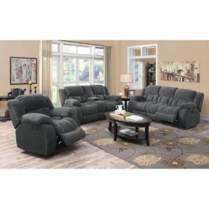 this three-piece motion set is cozy and relaxing. Overstuffed cushions and plush scoop seating were designed with comfort in mind. Padded head and arm rests adorn the sofa