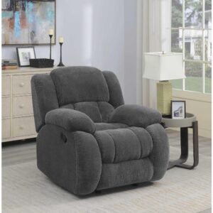 Simplify living room decor with this charcoal glider recliner. Upholstered in soft fabric