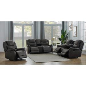 the cushions from this three-piece living room set are perfect for a modern space. Dark grey upholstery is sleekens and warms up the contemporary silhouettes. The seat and back cushions are welcoming