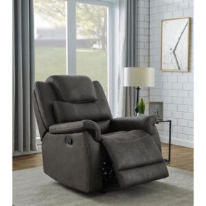 overstuffed cushion and armrests. Nearly imperceptible lever on the side opens up the recliner so you repose in style. Armrests and headrest are cushioned for comfort. The chair is upholstered in velvety grey leather-like material with contrast stitching for a modern