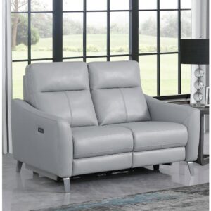 Trending gray leatherette upholstery spells an aesthetical boost to this modern two-seat power loveseat. This loveseat is operated by power controls