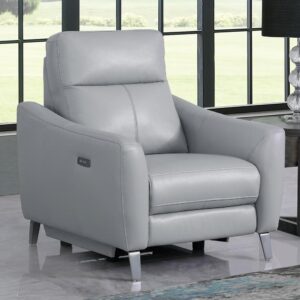 Set up a home for comfort and relaxation with a contemporary power recliner designed to impress. This gray leatherette upholstered recliner operates smoothly with power controls