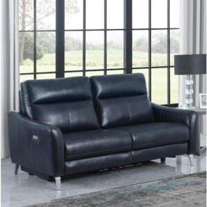 Gorgeous dark blue leatherette upholstery deepens the dramatic