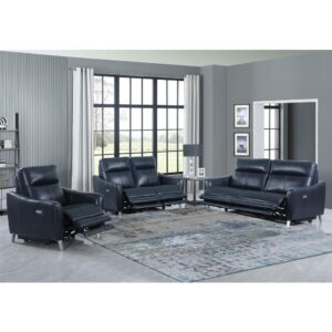 featuring a spacious sofa and loveseat along with a power recliner chair. Designed with a smooth blue leatherette upholstery wrapped over cool gel memory foam interiors