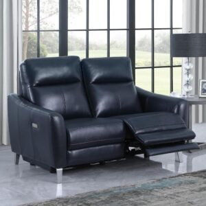 wrapped in chic dark blue leatherette upholstery. Smaller spaces are perfect for this compact loveseat
