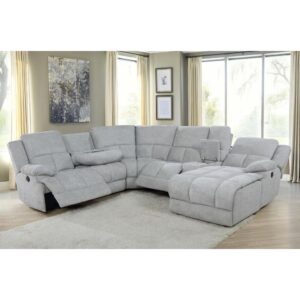 transitional style entertainment area or spacious contemporary living room. Wrapped in a neutral tone performance fabric