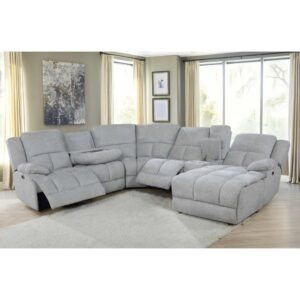 this casual style six-piece modular sectional is ideal for transitional style entertainment area. Upholstered in a neutral tone performance fabric