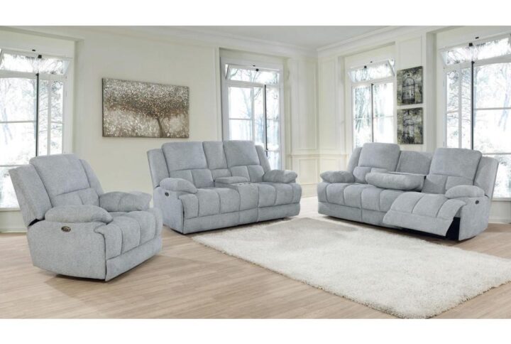 This 3-piece living room set will serve you well through move nights and game days. Find convenience in the power reclining mechanism on all pieces. The loveseat provides a lift-top storage console with two USB outlets and a power outlet inside. Meanwhile