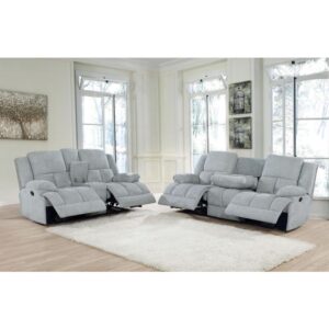 you'll feel that you scored a big win with this set. Incredible comfort is found with the padded cushioning and overstuffed armrests. Place your favorite beverage within the cup holders on the loveseat for ultimate convenience. This set looks striking in home theater rooms or modern living areas.