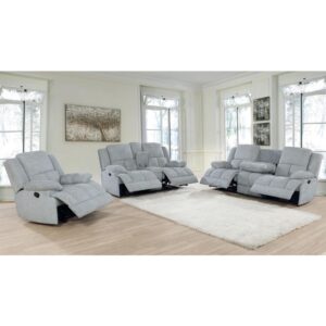 you'll feel that you scored a big win with this set. Incredible comfort is found with the padded cushioning and overstuffed armrests. Place your favorite beverage within the cup holders on the loveseat for ultimate convenience. This set looks striking in home theater rooms or modern living areas.