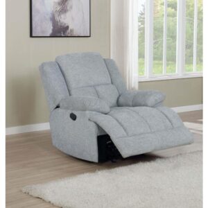 you'll feel all set to watch your favorite team score big points. This glider recliner features incredibly plush padding and overstuffed armrests. The gliding motion enhances the comfort and coziness factor of this piece. Add it to a theater room or modern living area and enjoy for years to come.