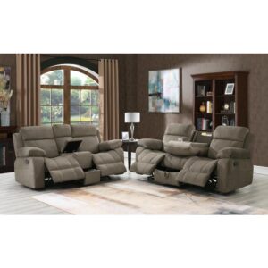 this two-piece living room set is comfortable. Boast a rich mocha hue through the padded velvet upholstery. This sofa and loveseat are complete with plush pillow-top armrests