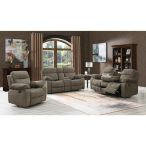 Combine comfort and luxury with this three-piece living room set. Padded velvet upholstery warms up classic spaces with its rich mocha hue. Includes a sofa