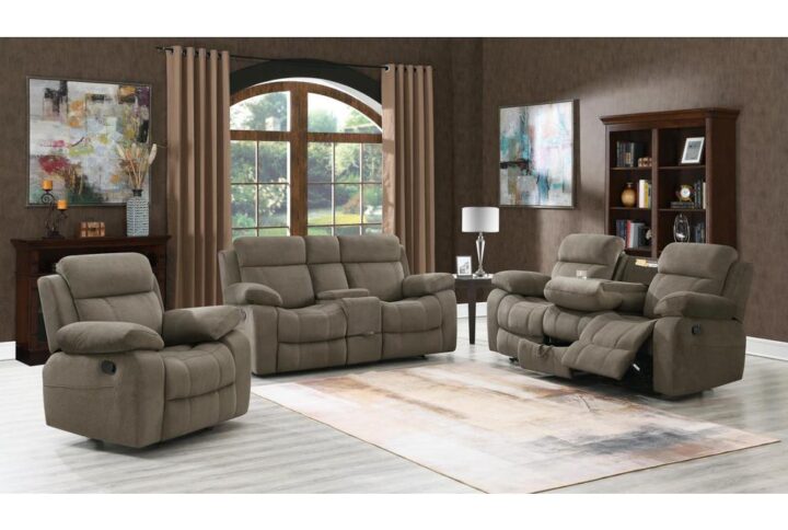 Combine comfort and luxury with this three-piece living room set. Padded velvet upholstery warms up classic spaces with its rich mocha hue. Includes a sofa