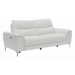 dual reclining power sofa. Crafted with durable pinewood and covered in a white top grain leather match upholstery