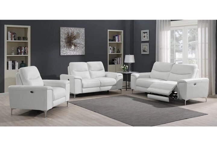 Bring back the luxury of first-class travel from an era of glamour with these power living room sets from the Largo collection. These pieces exude characteristic mid-century modern details with clean lines and bold track arms as well as slim polished stainless steel legs. Luxurious top grain leather is available in a crisp white to complement your decor