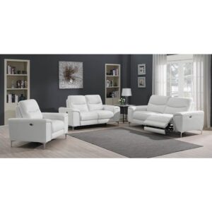 Bring back the luxury of first-class travel from an era of glamour with these power living room sets from the Largo collection. These pieces exude characteristic mid-century modern details with clean lines and bold track arms as well as slim polished stainless steel legs. Luxurious top grain leather available in a crisp white to complement your decor