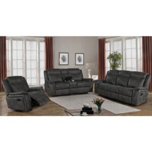 Show off this reclining living room set to friends and family. Each piece is upholstered in performance-coated microfiber in the color of your choice. The neutral color palette and stitching makes it a stylish addition to your entertainment space. The sofa comes equipped with a center console featuring a lift-top storage area. With manual recliners close at hand