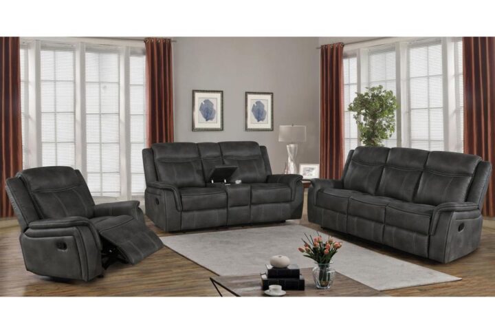 Show off this reclining living room set to friends and family. Each piece is upholstered in performance-coated microfiber in the color of your choice. The neutral color palette and stitching makes it a stylish addition to your entertainment space. The sofa comes equipped with a center console featuring a lift-top storage area. With manual recliners close at hand
