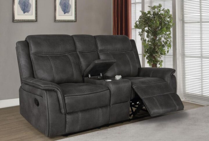 A motion loveseat with console becomes the center of attention in your living space. Fall in love with its microfiber upholstery